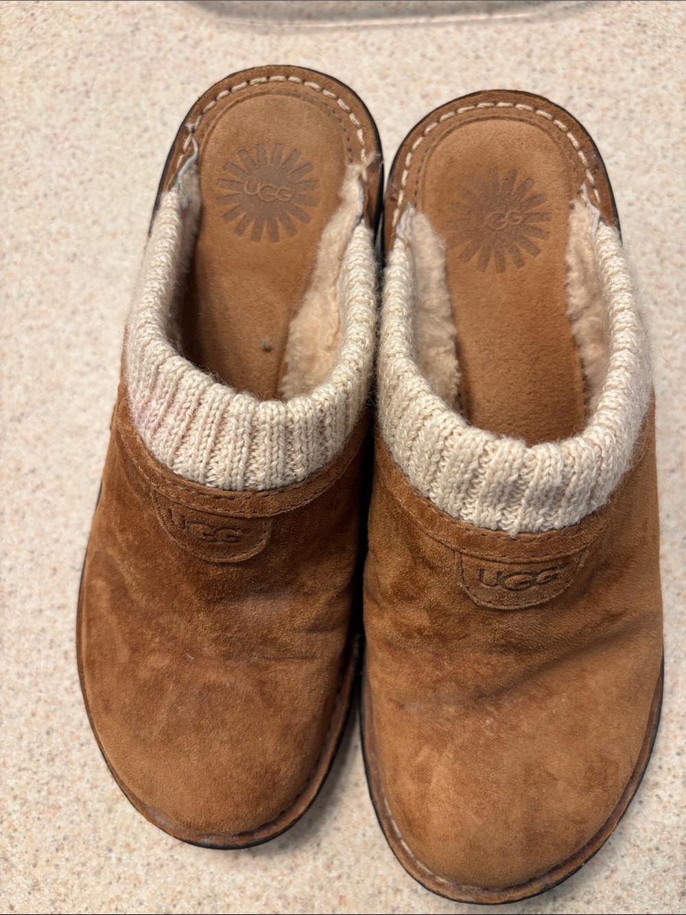 UGG Chestnut Suede Slip-On Clogs with Knit Cuff